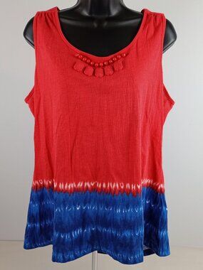 Rafaella Womens L Red Blue Tie Dye Colorblock Beaded Round Neckline Tank Top